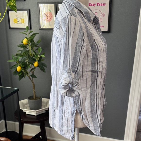 Athleta Women's Striped Button-Down Linen Shirt - Blue and White - Picture 3 of 7
